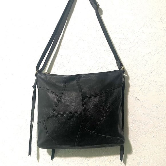 LUCKY BRAND Leather Patchwork black Whipstitch Crossbody Boho Style Bag - Picture 1 of 10